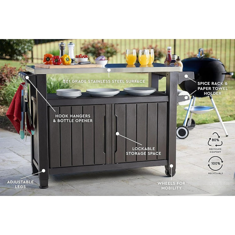 Dark Brown Rolling Outdoor Prep Cart Table