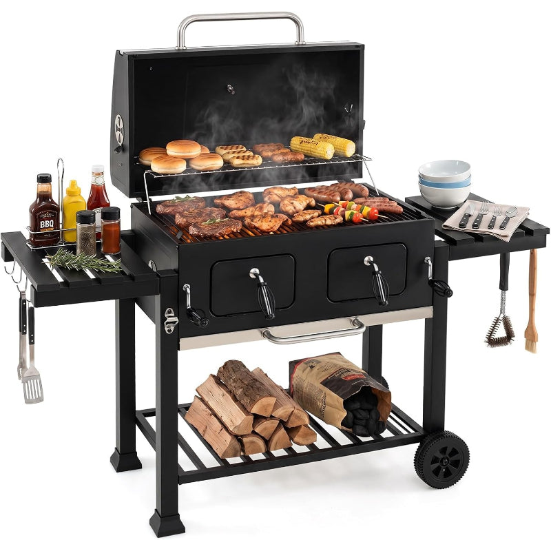 Charcoal Grill with Folding Side Tables
