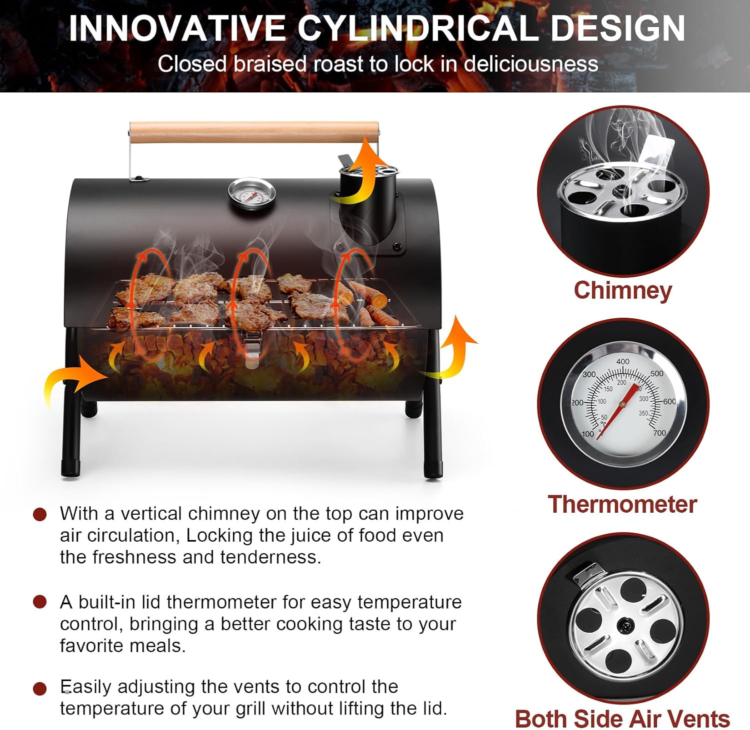 Portable Charcoal BBQ Grill with Thermometer