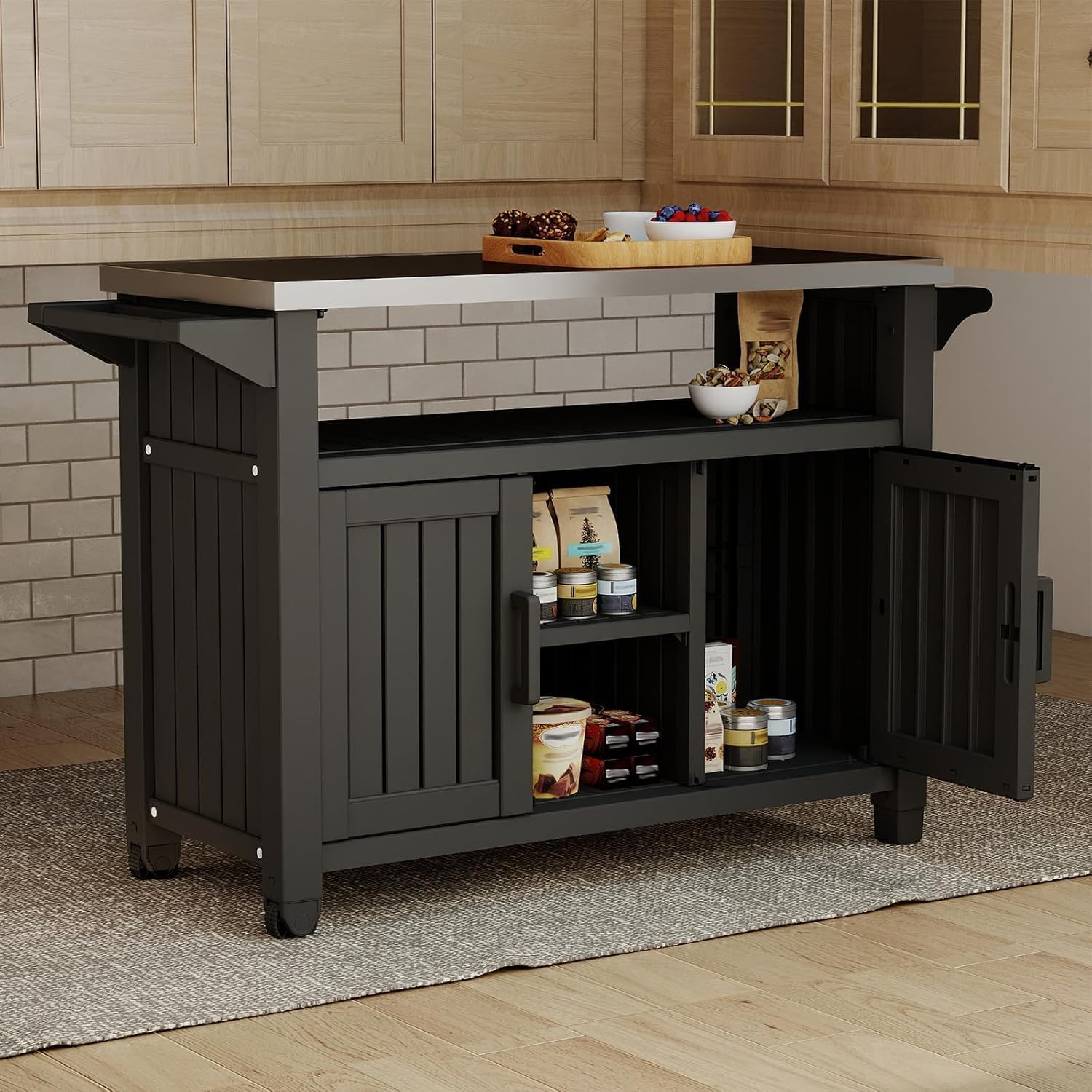 Black Wheeled Outdoor Bar Cart Storage Cabinet