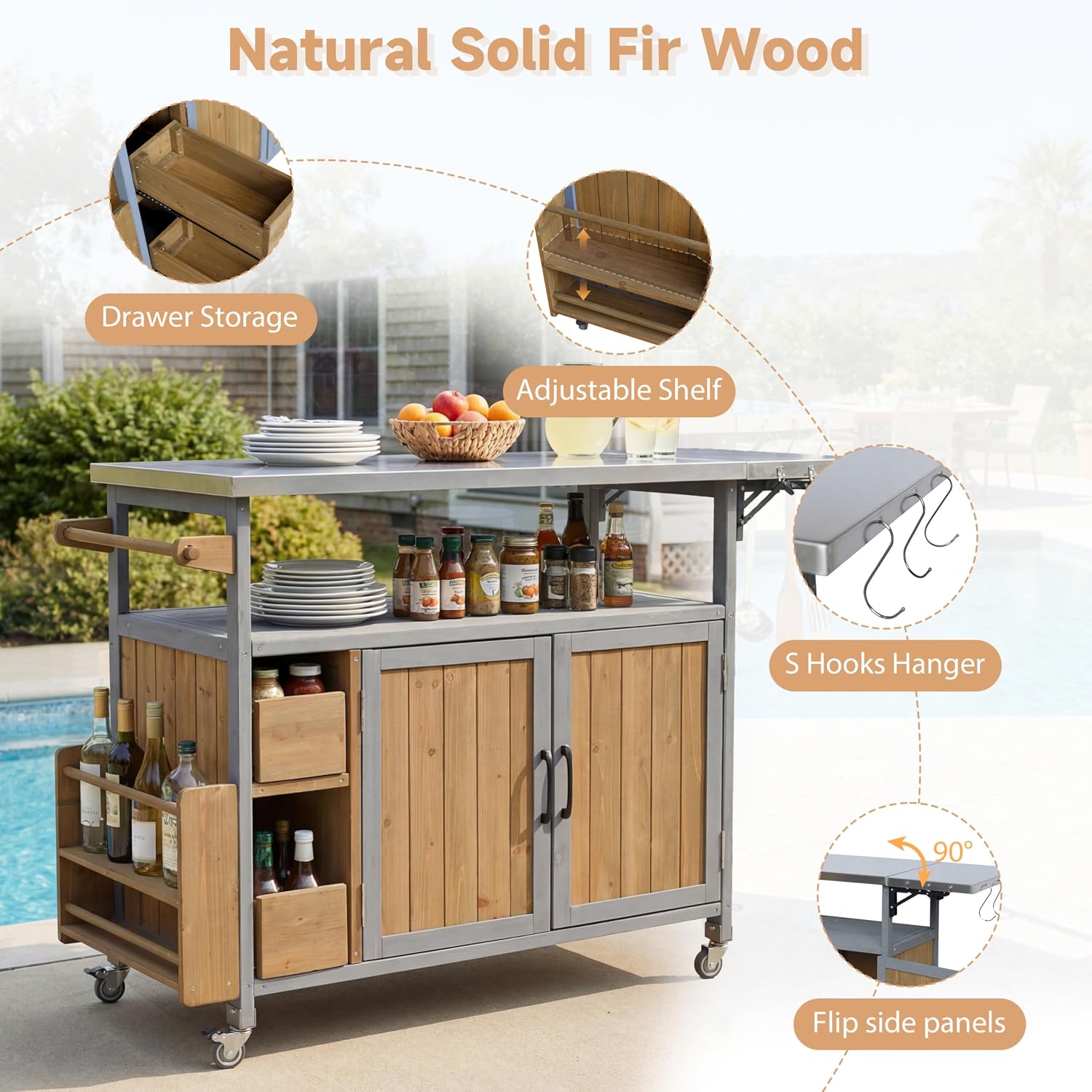 Wood Outdoor Bar Cart with Stainless Steel Top