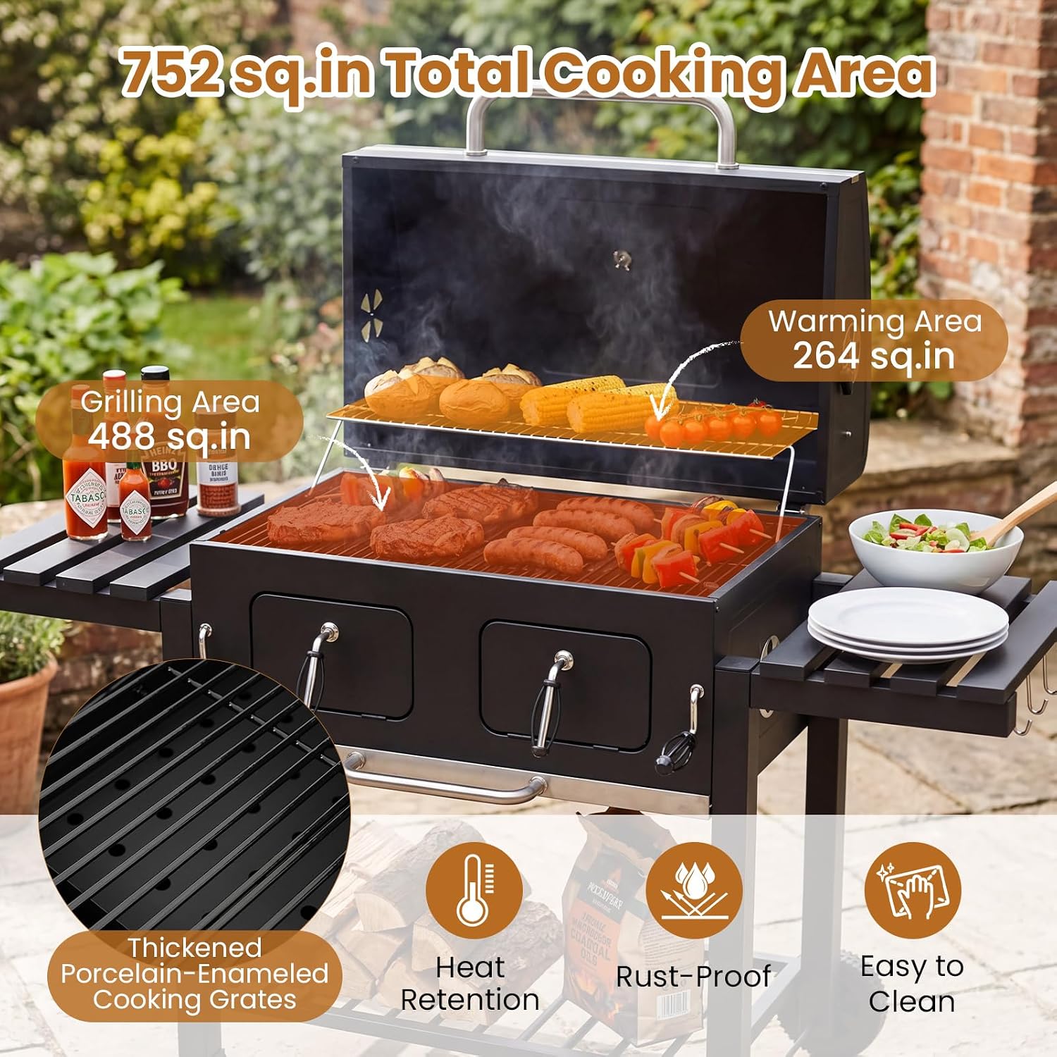 Charcoal Grill with Folding Side Tables