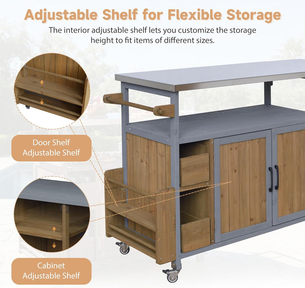 Wood Outdoor Bar Cart with Stainless Steel Top