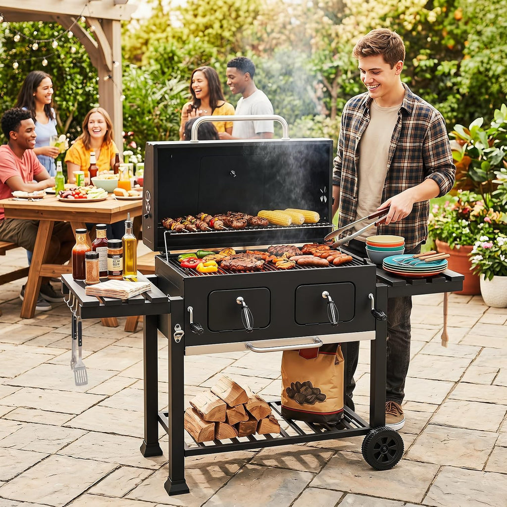 Charcoal Grill with Folding Side Tables