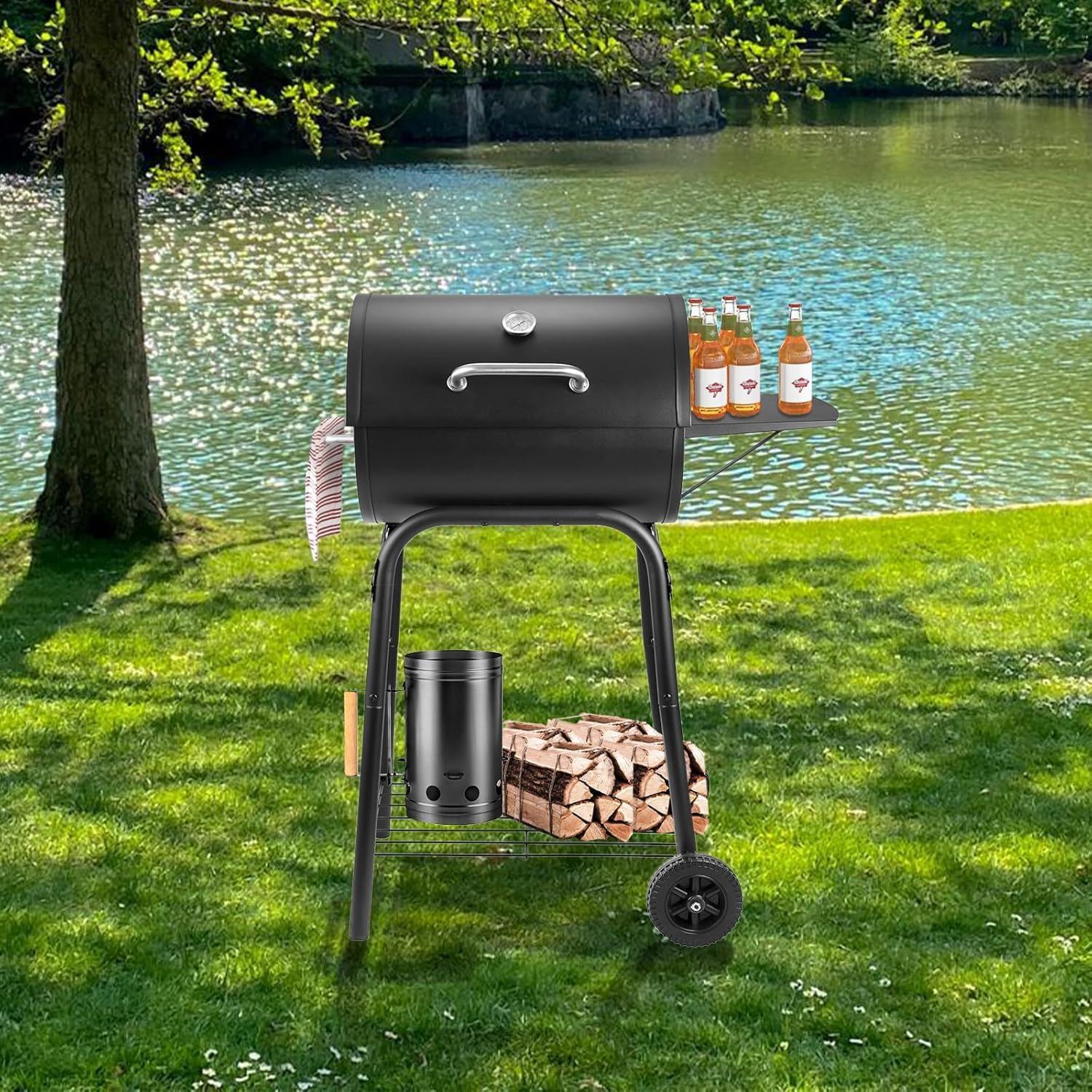 Barrel Charcoal Grill with Side Shelf