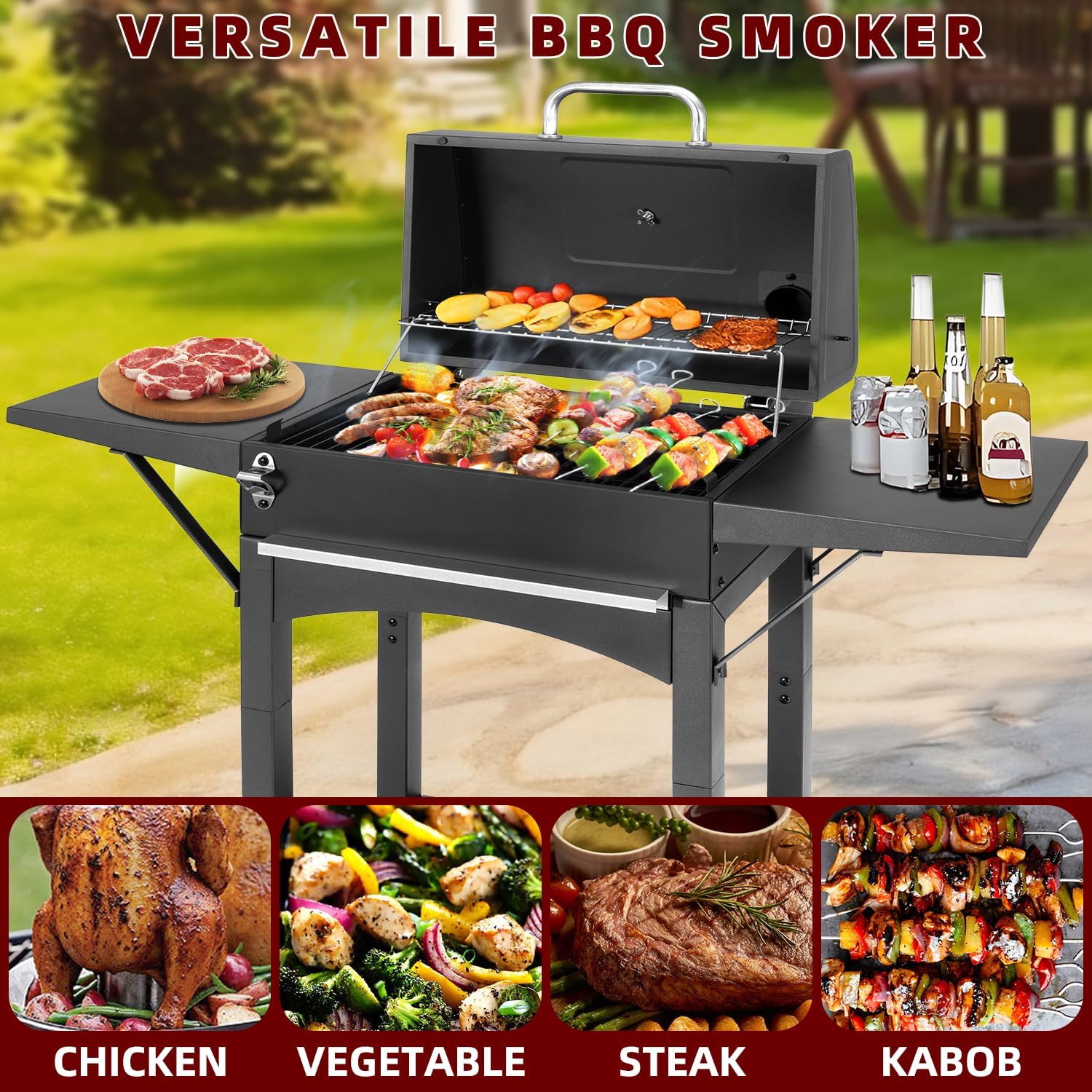 Charcoal Grill with Dual Side Tables