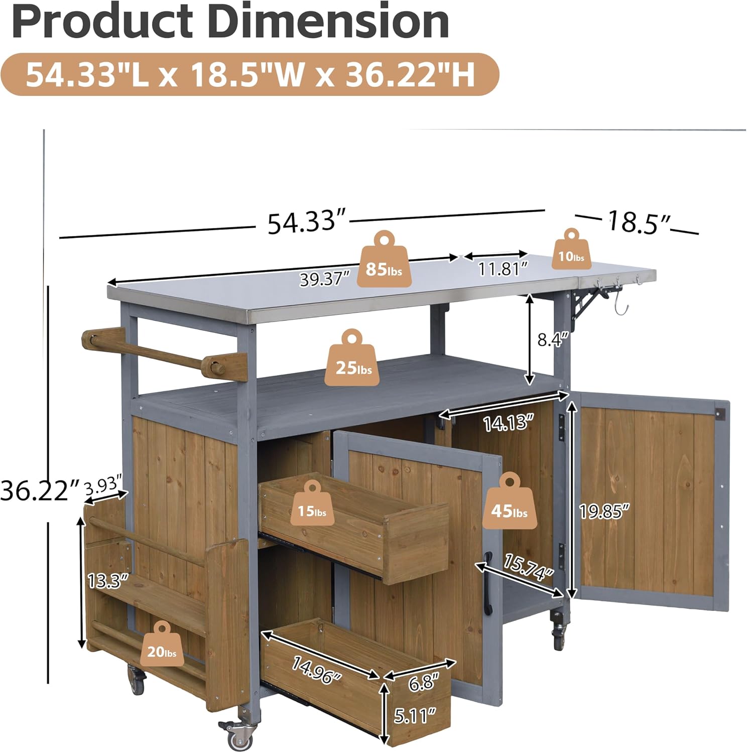 Wood Outdoor Bar Cart with Stainless Steel Top