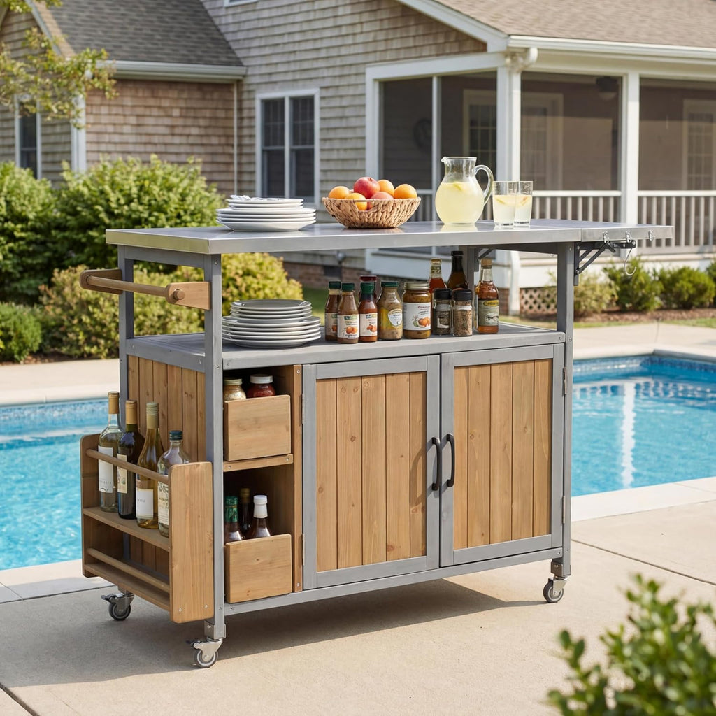 Wood Outdoor Bar Cart with Stainless Steel Top