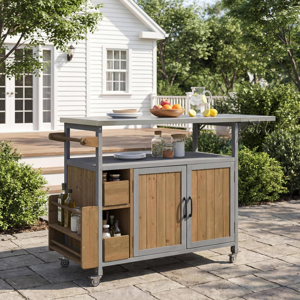 Wood Outdoor Bar Cart with Stainless Steel Top