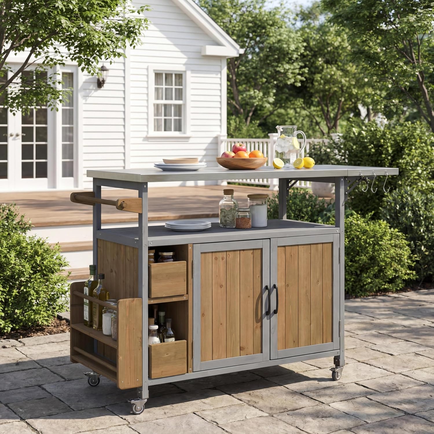 Wood Outdoor Bar Cart with Stainless Steel Top