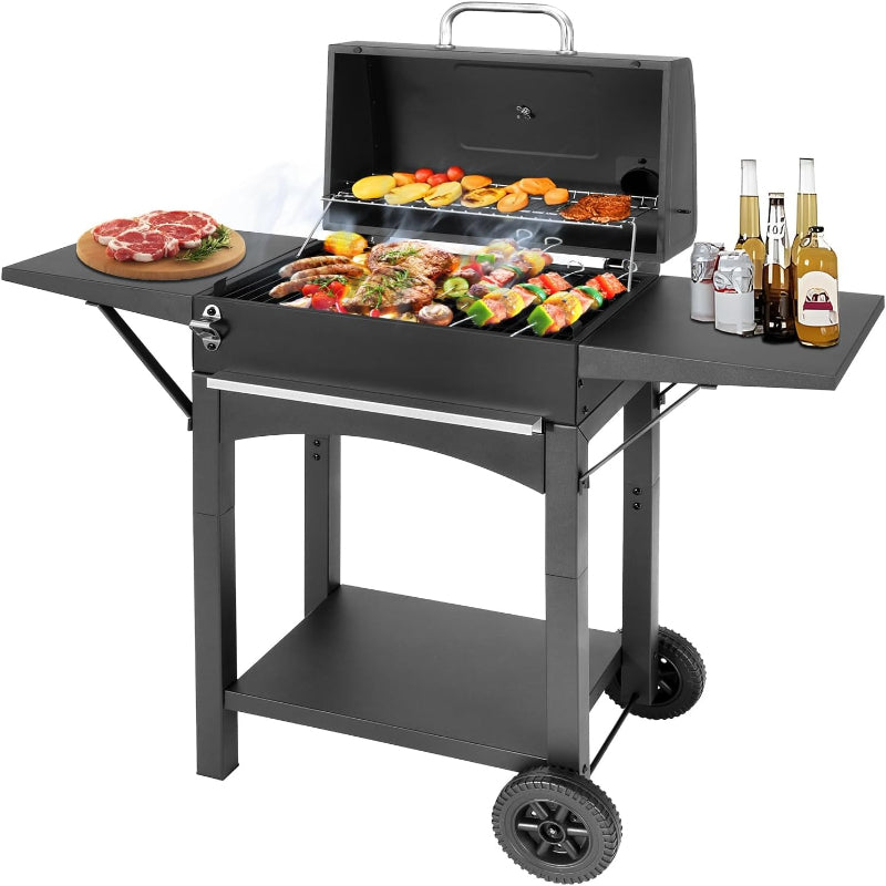 Charcoal Grill with Dual Side Tables