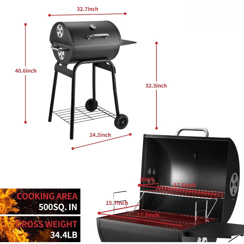 Barrel Charcoal Grill with Side Shelf
