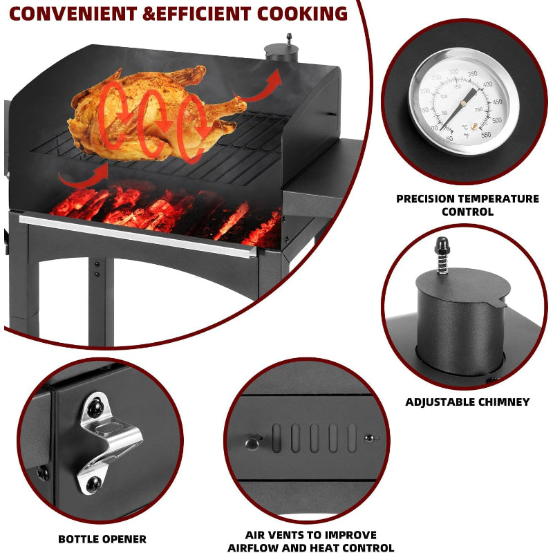 Charcoal Grill with Dual Side Tables